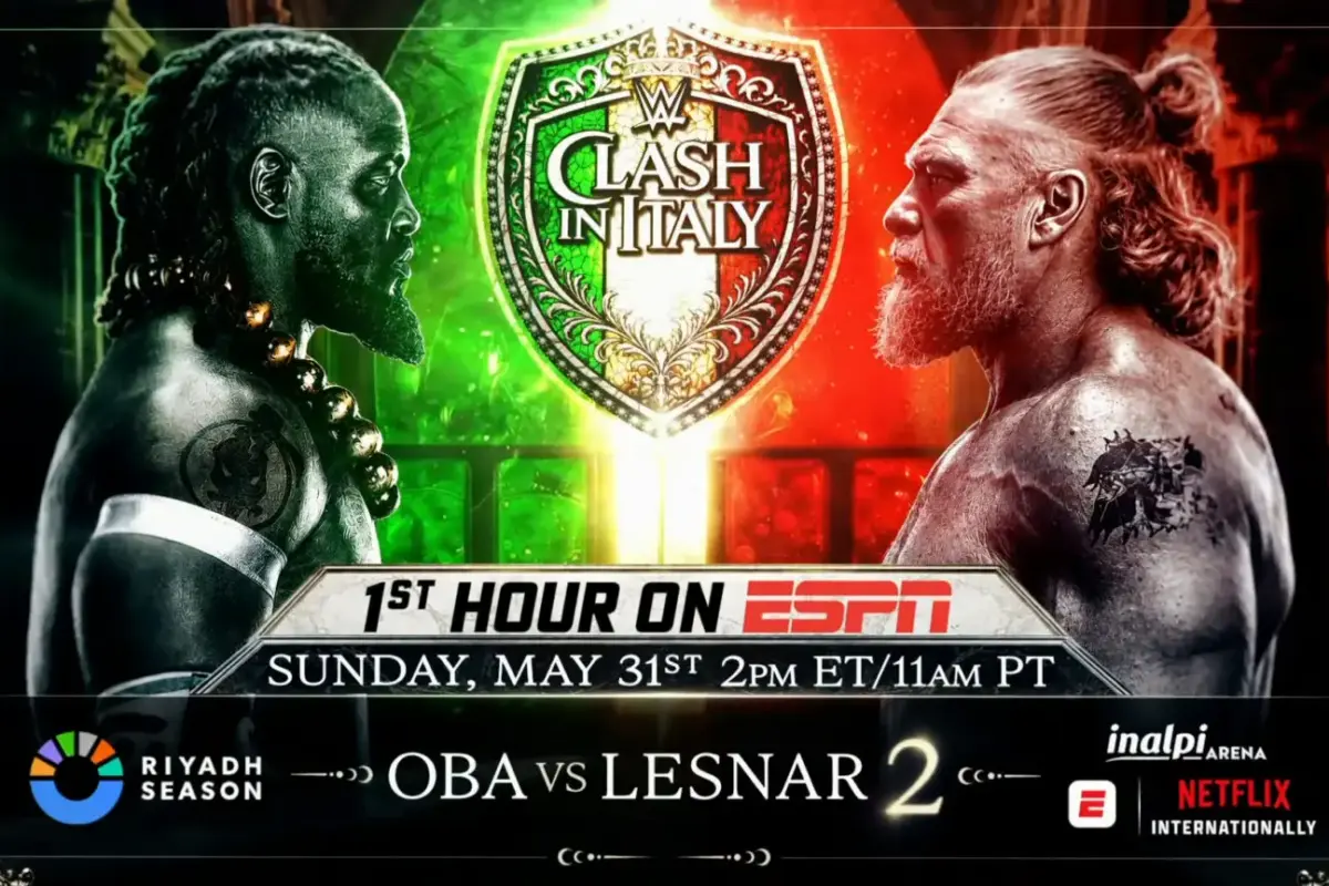 WWE Clash in Italy graphic of Brock Lesnar and Oba Femi.