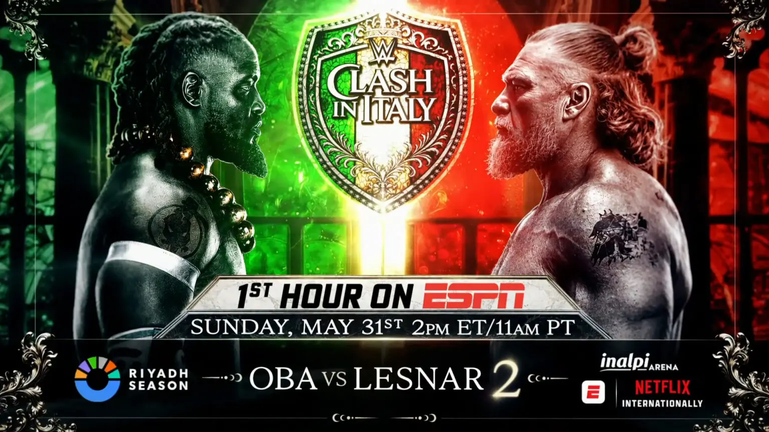 WWE Clash in Italy graphic of Brock Lesnar and Oba Femi.