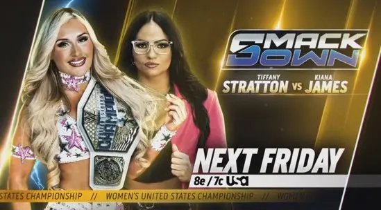 WWE SmackDown results graphic of Women's United States Champion Tiffany Stratton and her challenger Kiana James.