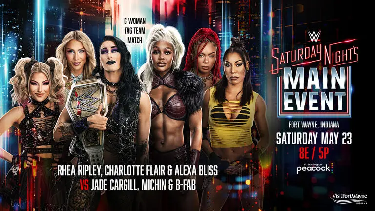 WWE Saturday Night's Main Event preview graphic for May 23, 2026.