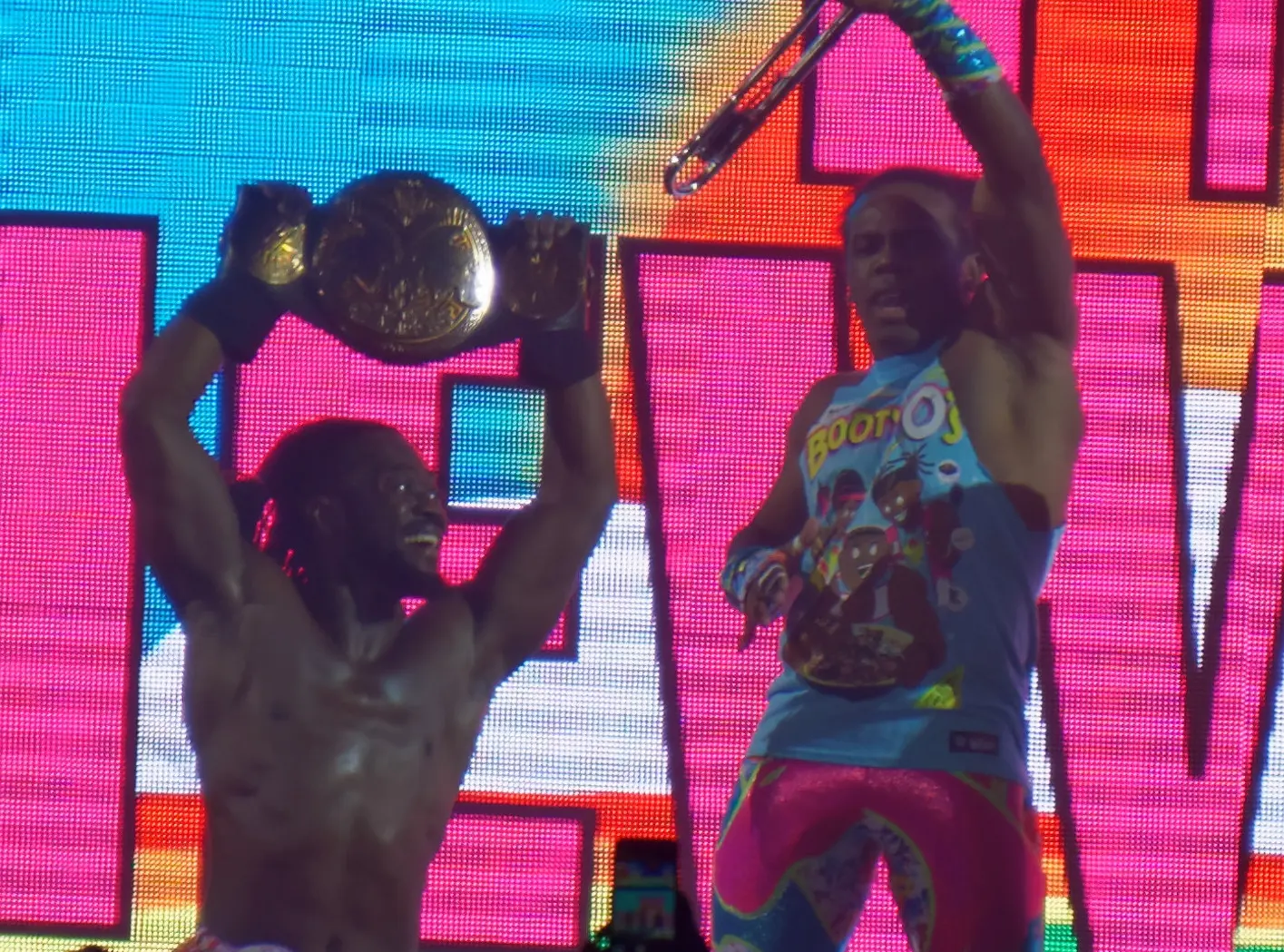 The New Day, Kofi Kingston and Xavier Woords, as WWE Tag Team Champions.