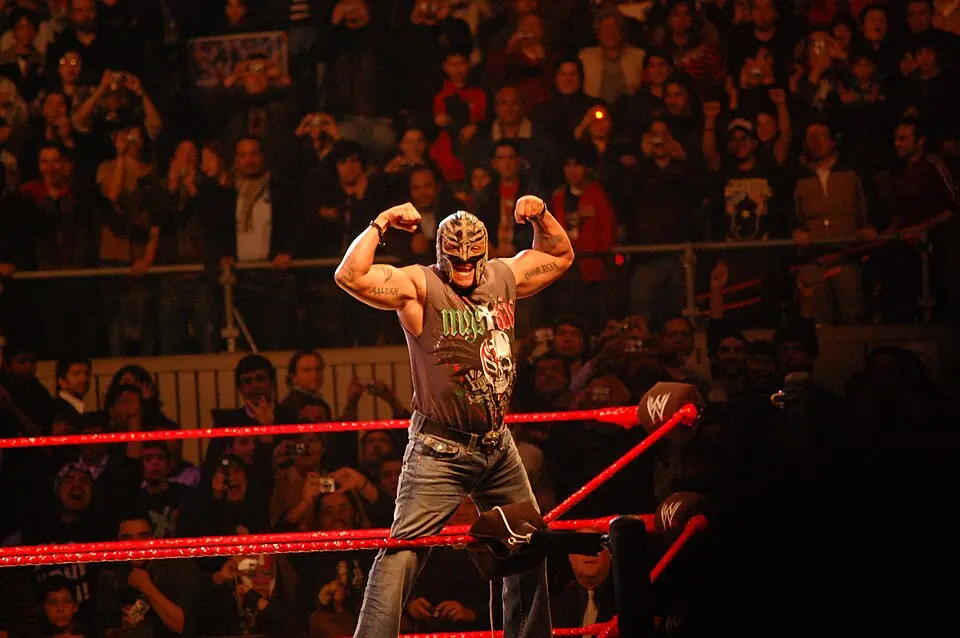 Image of Rey Mysterio on turnbuckle in WWE ring posing