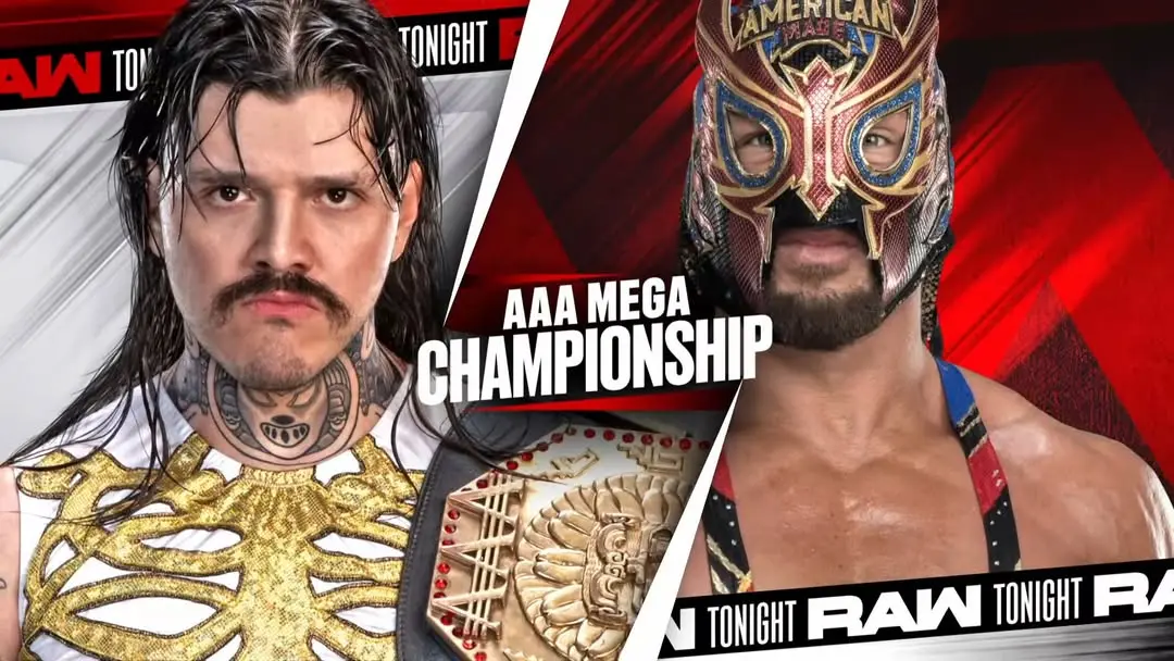 WWE Raw graphic of AAA Mega Champion Dominik Mysterio and El Grande Americano.