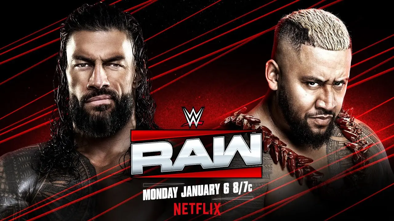 WWE Raw graphic of Roman Reigns and Solo Sikoa for Tribal Combat.