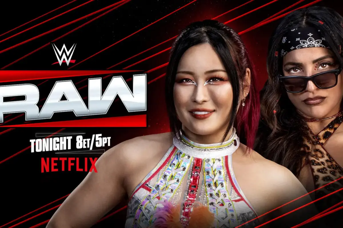 WWE Queen of the Ring graphic of IYO SKY and Raquel Rodriguez.