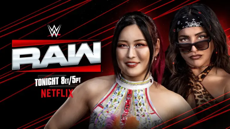 WWE Queen of the Ring graphic of IYO SKY and Raquel Rodriguez.