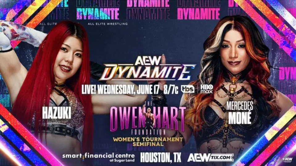 An AEW Dynamite graphic of Hazuki vs Mercedes Mone.