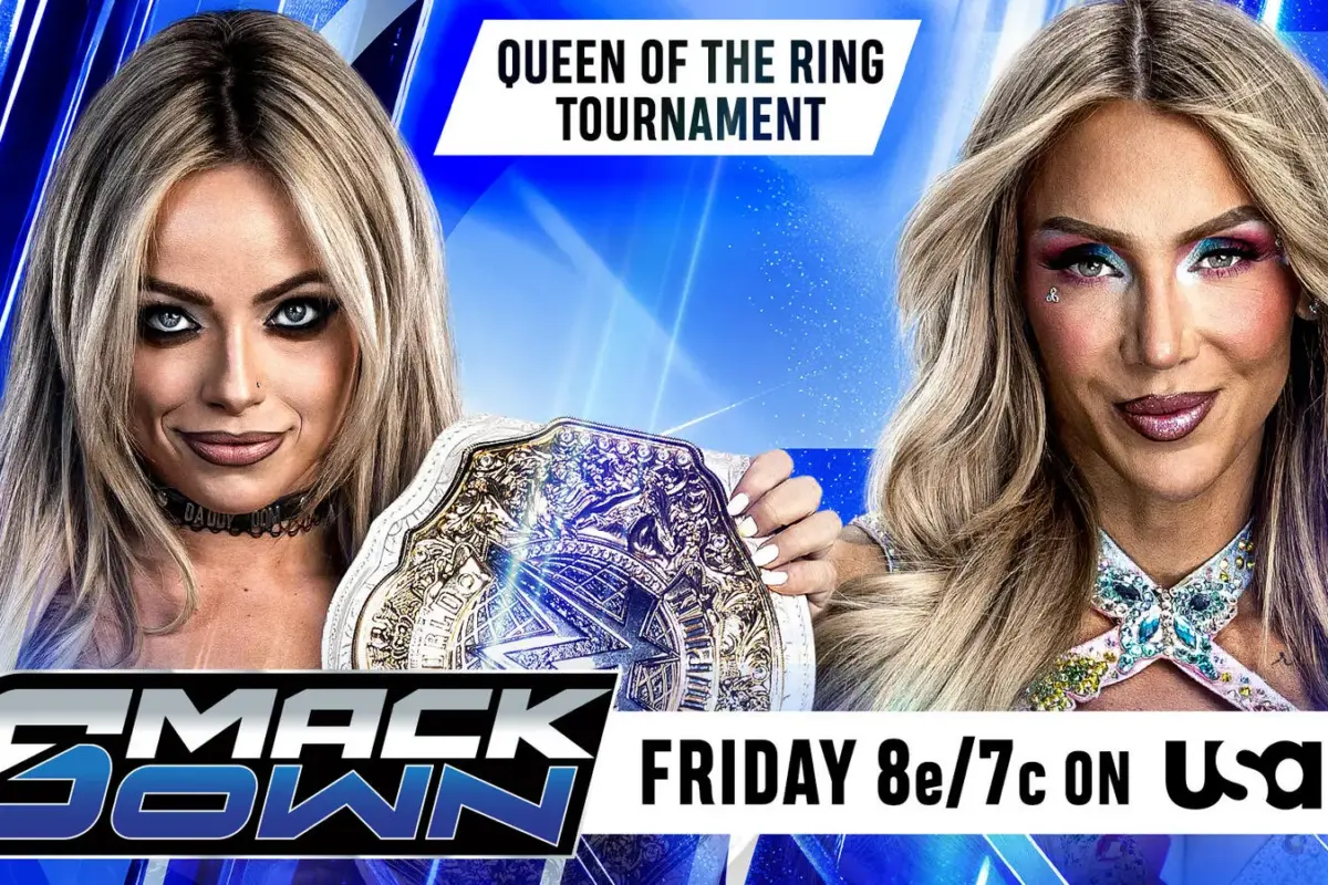 A WWE SmackDown graphic featuring the Queen of the Ring 2026 tournament semis between Charlotte Flair and Liv Morgan. (Photo Credit: WWE)