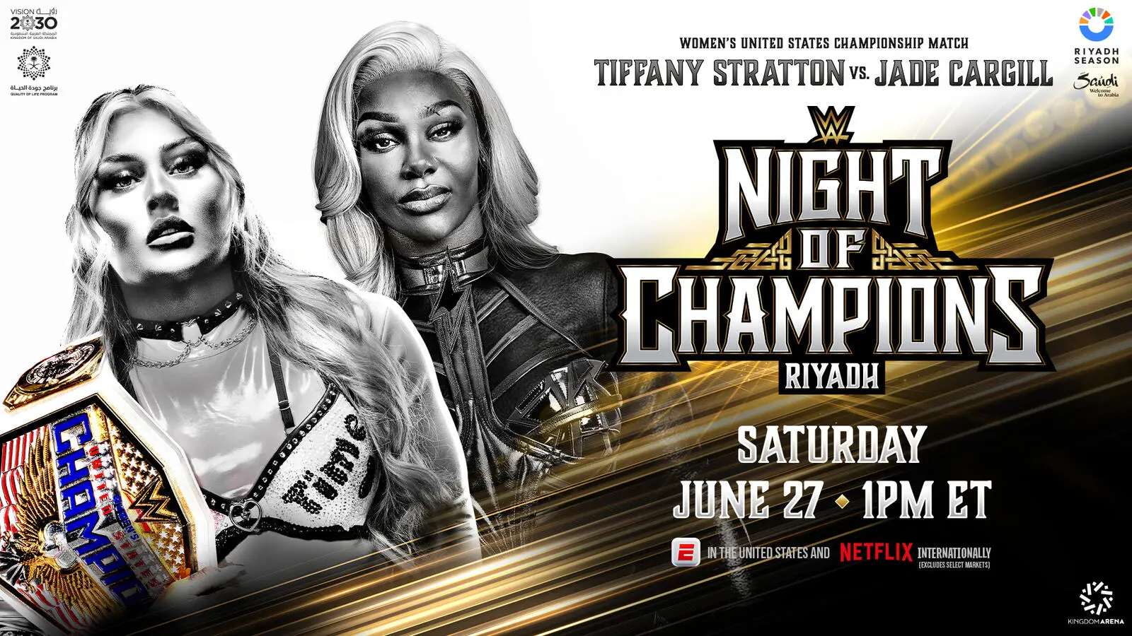 WWE Night of Champions 2026 graphic featuring Jade Cargill and Tiffany Stratton.