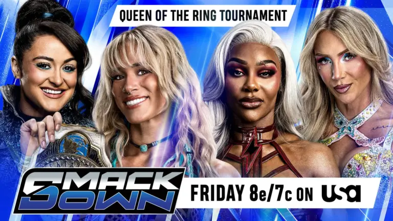 A WWE SmackDown graphic featuring the Queen of the Ring 2026 tournament.