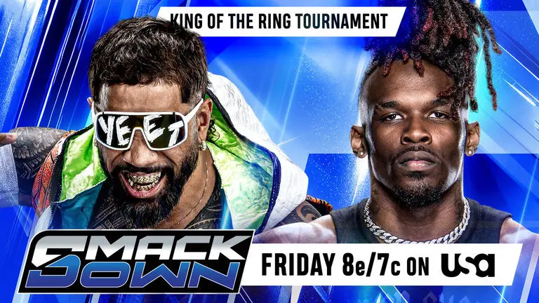 WWE SmackDown results graphic for June 19, 2026, featuring a King of the Ring 2026 semis matchup between Jey Uso and Je'Von Evans.