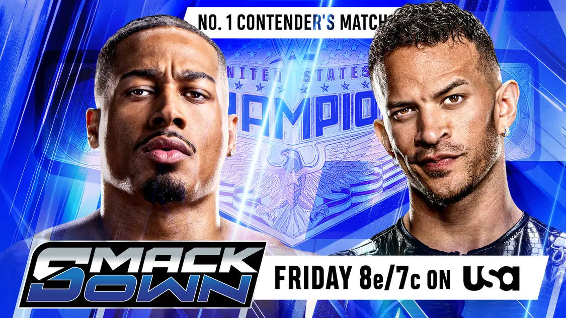 WWE SmackDown results graphic for June 19, 2026, featuring Ricky Starks and Carmelo Hayes fighting for a spot on WWE Night of Champions.