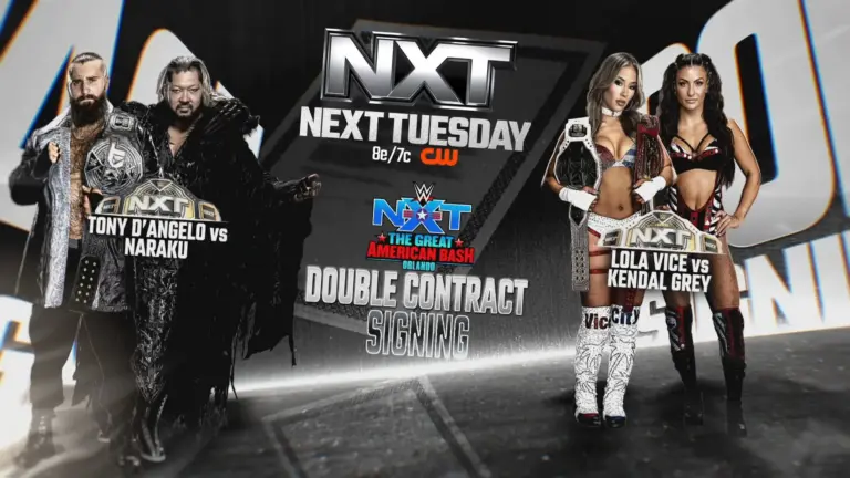 WWE NXT Graphic for the Double Contract Signing of Lola Vice vs. Kendal Grey and Tony D'Angelo vs. Naraku