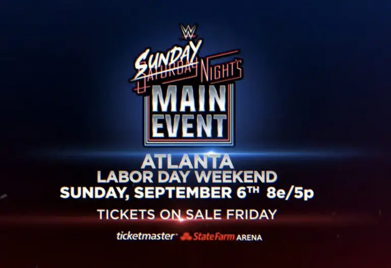 WWE Sunday Night's Main Event graphic with date and location