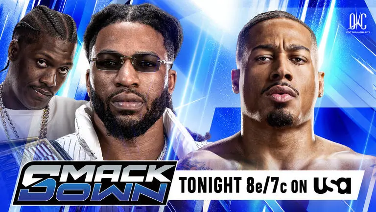 A WWE SmackDown graphic of Trick Williams, and Lil Yachty, against Carmelo Hayes, who will face off at WWE SummerSlam 2026.