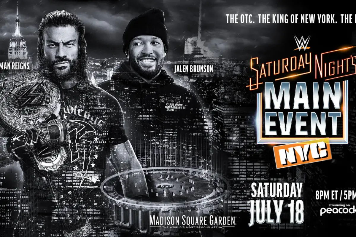 WWE SNME in MSG graphic featuring Roman Reigns and Jalen Brunson.