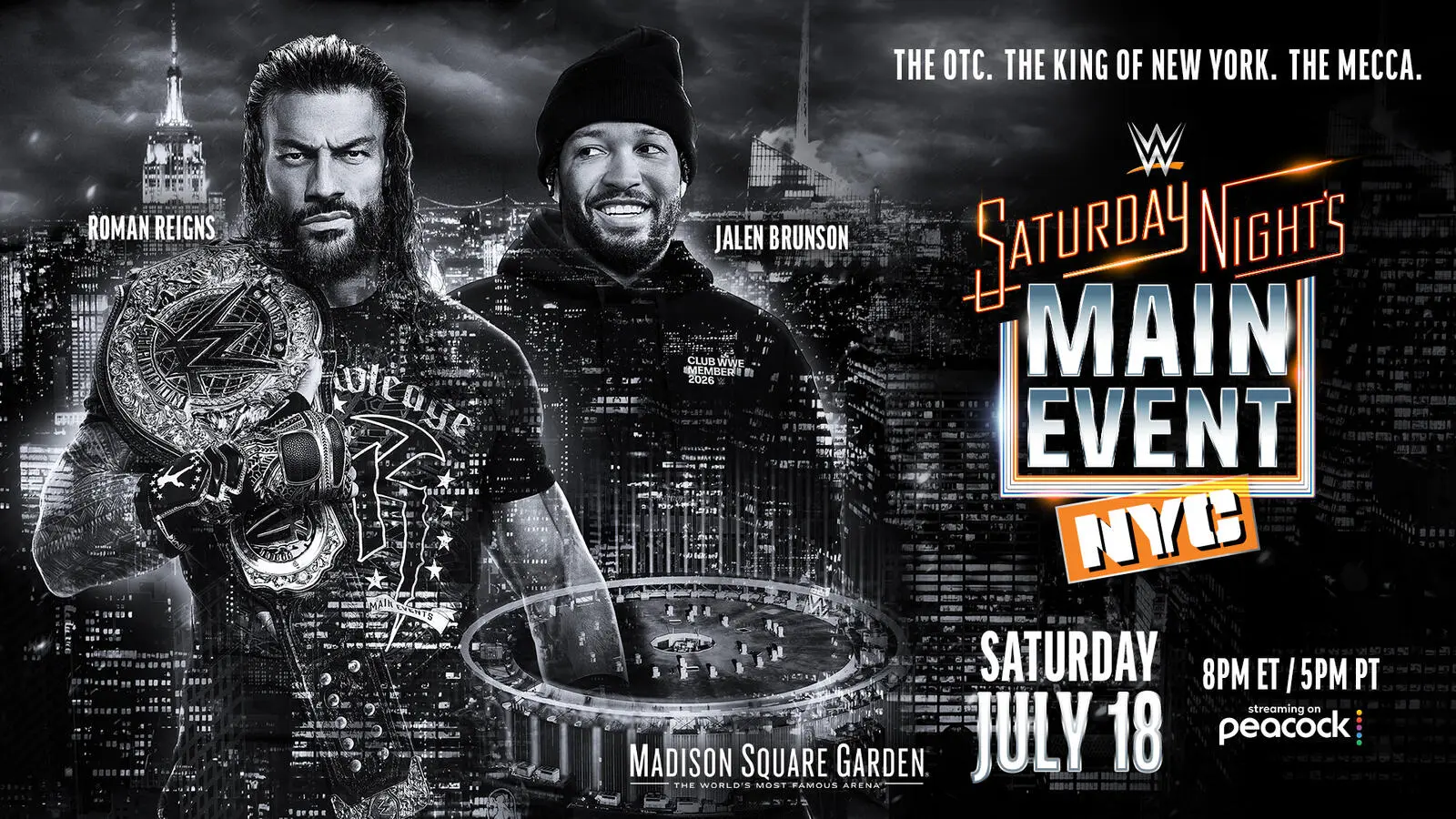 WWE SNME in MSG graphic featuring Roman Reigns and Jalen Brunson.