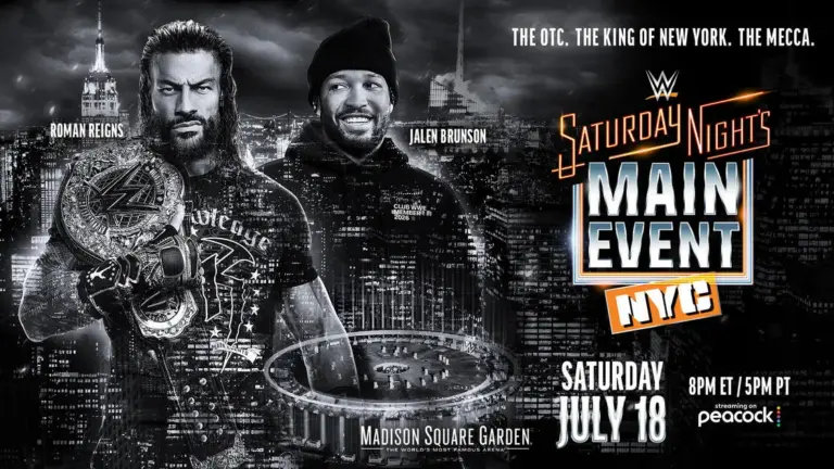 WWE Saturday Night's Main Event in MSG graphic featuring Jalen Brunson and WWE World Heavyweight Champion Roman Reigns.