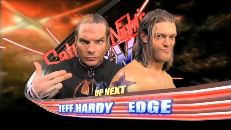 WWE Saturday Night's Main Event graphic featuring Jeff Hardy and Edge