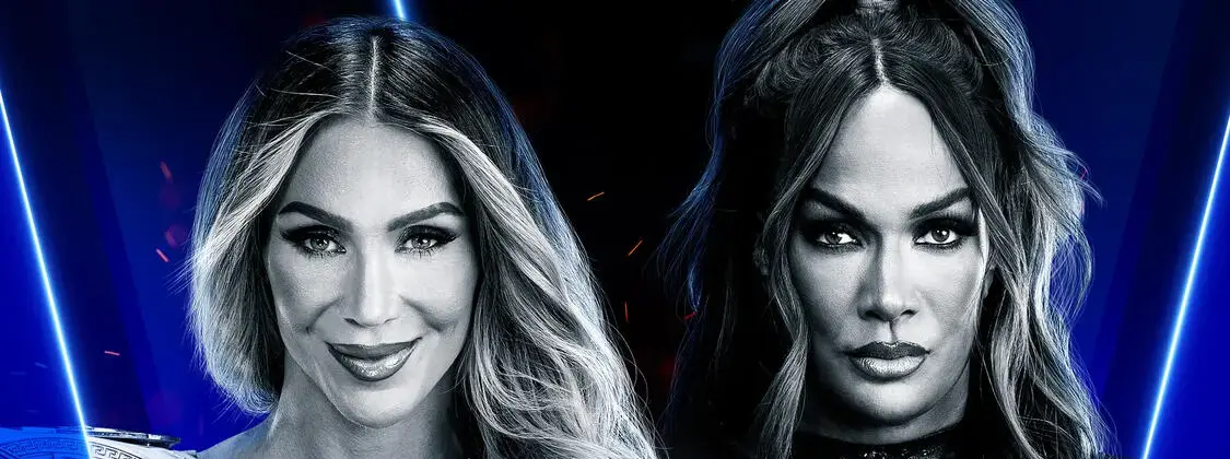 A WWE SmackDown graphic featuring Charlotte Flair and Nia Jax.