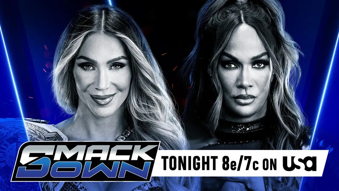 A WWE SmackDown graphic featuring Charlotte Flair and Nia Jax.