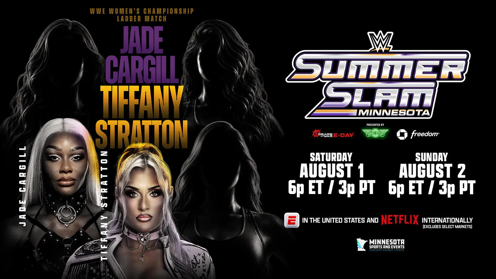 WWE SummerSlam 2026 graphic for the 5-Way Ladder Match for the Interim WWE Women's Title featuring Jade Cargill, Tiffany Stratton, and Charlotte Flair.