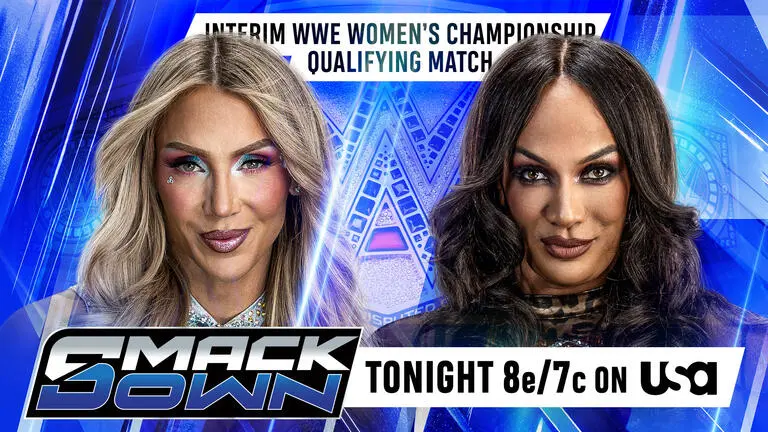 WWE SmackDown graphic featuring Charlotte Flair and Nia Jax, competing for a spot in the SummerSlam 2026 Interim WWE Women's Title Ladder Match.