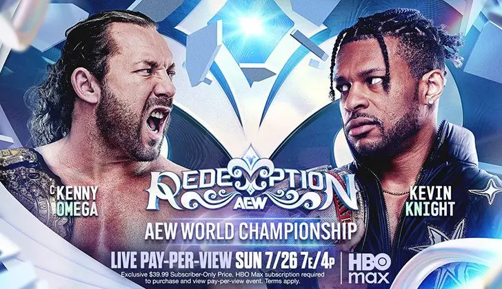 Official AEW Redemption 2026 graphic featuring AEW World Champion Kenny Omega and Kevin Knight.