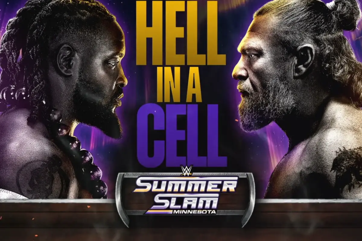 Brock Lesnar in Hell in a Cell. with Oba Femi at WWE SummerSlam 2026.