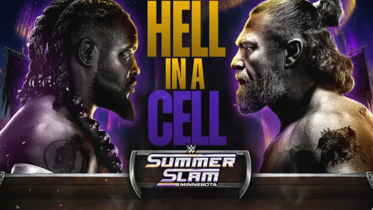 Brock Lesnar in Hell in a Cell. with Oba Femi at WWE SummerSlam 2026.