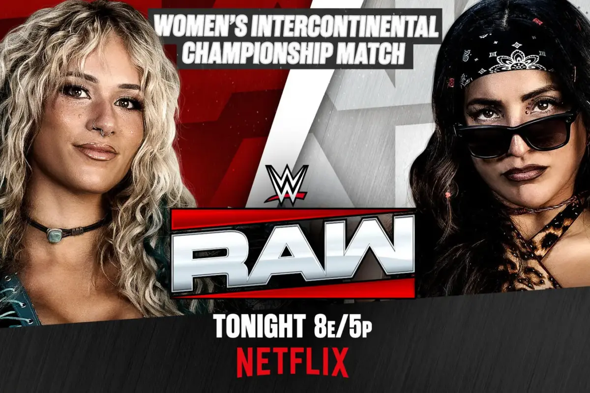 WWE Raw graphic of Sol Ruca defending the Women's I.C. Title against Raquel Rodriguez.
