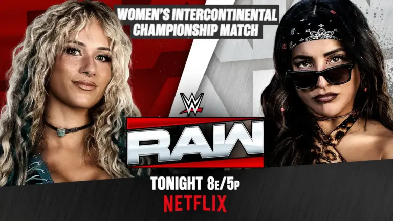 WWE Raw graphic of Sol Ruca defending the Women's I.C. Title against Raquel Rodriguez.