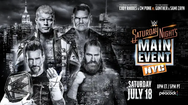 WWE Saturday Night's Main Event in MSG graphic featuring CM Punk, Cody Rhodes, Sami Zayn, and Gunther.