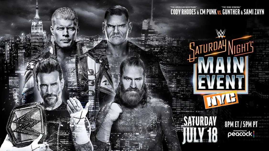 WWE Saturday Night's Main Event in MSG graphic featuring CM Punk, Cody Rhodes, Sami Zayn, and Gunther.