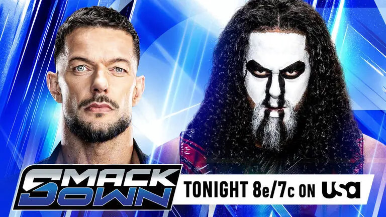 A WWE SmackDown graphic featuring Finn Balor and Talla Tonga. (Photo Credit: WWE)