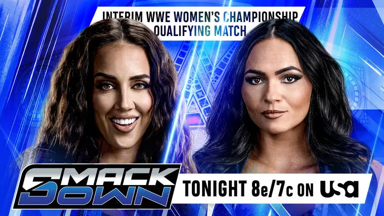 WWE SmackDown graphic featuring Kiana James and Chelsea Green, competing for a spot in the SummerSlam 2026 Interim WWE Women's Title Ladder Match.