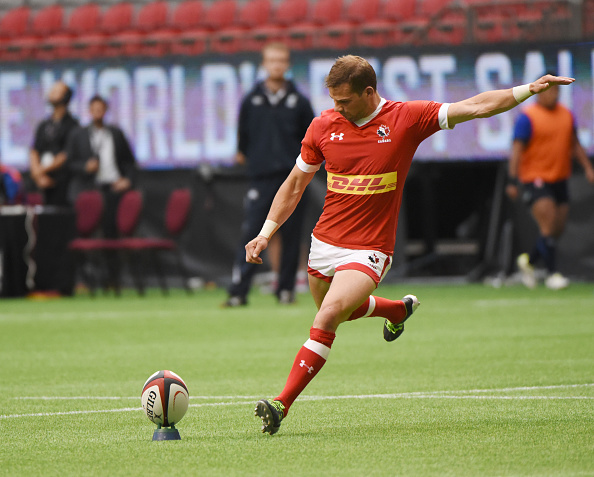 Rugby Canada's Gordon McRorie kicks a conversion on June 11, 2016