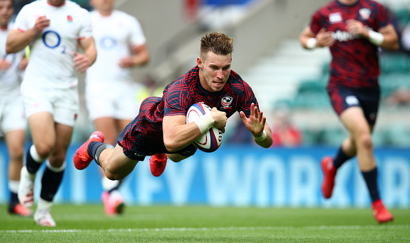 USA Rugby player Christian Dyer dives and scores a try in London, England