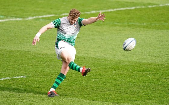 London Irish back Theo Brophy-Clews warms up before game on March 27, 2021