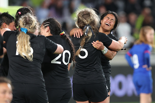 Ayesha Leti-l'iga of New Zealand celebrates making the Women's Rugby World Cup Final last Saturday