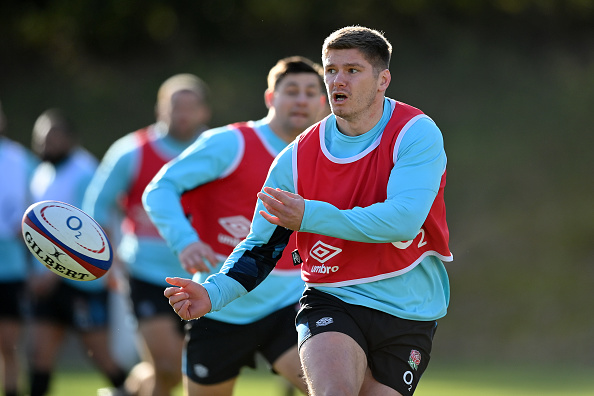 England Rugby's Owen Farrell releases the ball at Pennyhill Park in preparation for the Calcutta Cup against Scotland