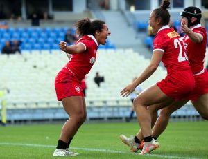 Rugby Canada women's team player, Fancy Bermudez, celebrates try against France