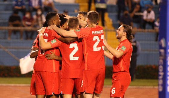 The CanMNT celebrates Honduras own goal at San Pedro Sula