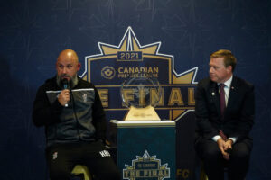 Head coach of Forge FC Bobby Smyrniotis at the CPL Final's Press Conference