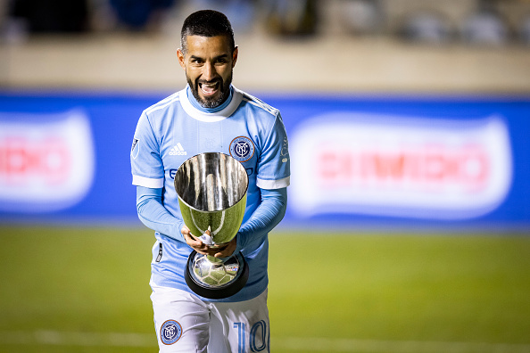 New York City FC's Maxi Moralez holds the trophy after winning the 2021 Audi MLS Cup Eastern Conference Final match