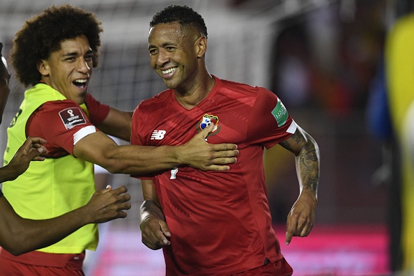 Panama player Gabriel Torres celebrates scoring the only goal of the game on March 30, 2022.