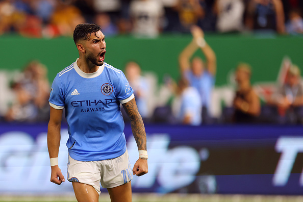 NYCFC player Valentin Castellanos reacts after scoring against Pumas
