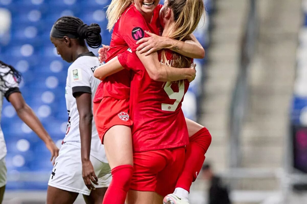 CanWNT battle against Trinidad and Tobago as Janine Beckie celebrates her goal on July 6, 2022