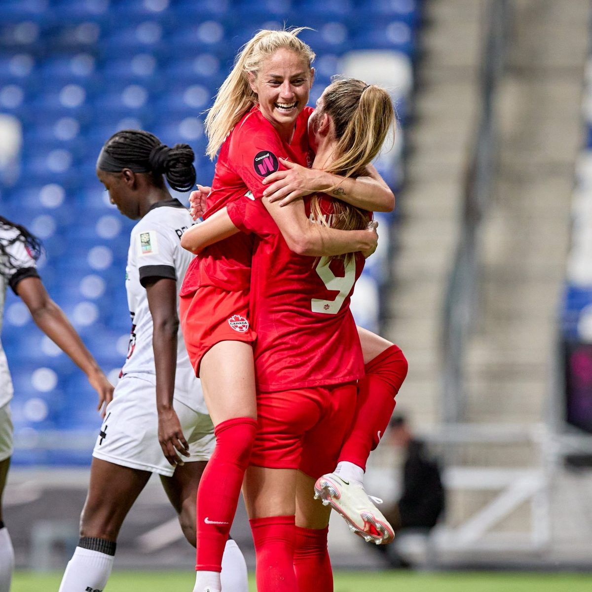 CanWNT battle against Trinidad and Tobago as Janine Beckie celebrates her goal on July 6, 2022
