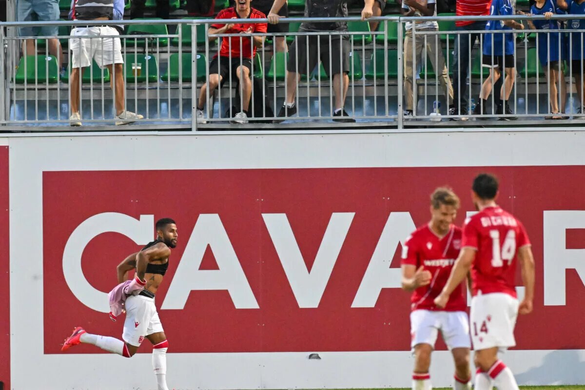 Cavalry FC gets win with Mikaël Cantave celebrating his game-winning goal in Spruce Meadows at ATCO Field